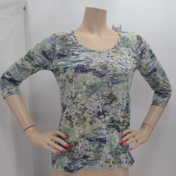 "NOMADIC TRADERS" MULTICOLOR ABSTRACT PRINT BURNOUT TEE BLOUSE TOP SIZE: S - Picture 1 of 3